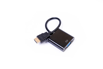 various converter cables adapters for computers and smartphones HDMI VGA USB DVI DP isolated on white