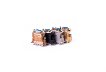 various converter cables adapters for computers and smartphones HDMI VGA USB DVI DP isolated on...