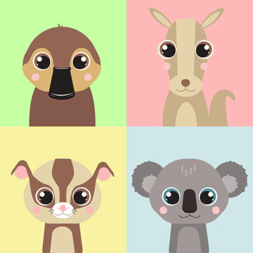 Set of vector animals in cartoon style. Cute animals of Australia. A collection of small animals in the children's style. Cockatoo, duckbill, kangaroo, koala, sugar possum.