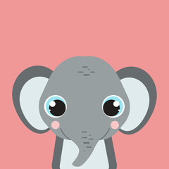 Cartoon elephant close-up portrait. Cute animals with big eyes