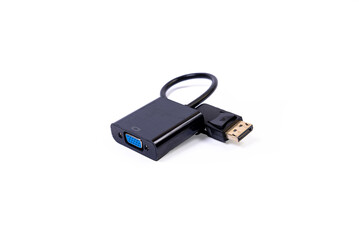 various converter cables adapters for computers and smartphones HDMI VGA USB DVI DP isolated on white