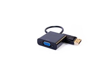 various converter cables adapters for computers and smartphones HDMI VGA USB DVI DP isolated on...
