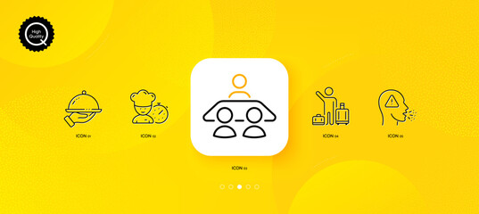 Interview job, Cough and Airport transfer minimal line icons. Yellow abstract background. Restaurant food, Chef icons. For web, application, printing. Consulting, Flu symptom, Baggage reclaim. Vector