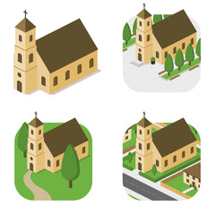 Church, one tower, brown roof, yellow walls. Isometric, city architecture, green  village. European architecture.