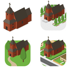 Church, one tower, black roof, red walls. Isometric, city architecture, green  village.