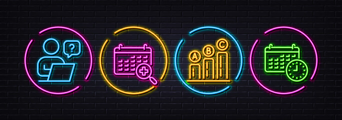 Medical calendar, Online question and Graph chart minimal line icons. Neon laser 3d lights. Calendar icons. For web, application, printing. Doctor appointment, Remote work, Growth report. Time. Vector