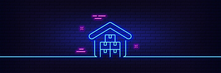 Neon light glow effect. Wholesale goods line icon. Warehouse boxes sign. Logistic inventory storage symbol. 3d line neon glow icon. Brick wall banner. Wholesale goods outline. Vector
