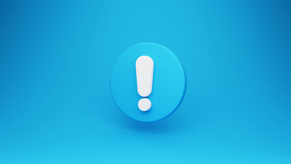 Blue exclamation mark symbol and attention or caution sign icon on alert danger problem background. 3D rendering - obrazy, fototapety, plakaty
