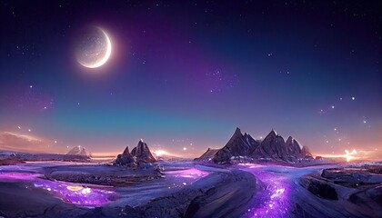 Fantasy landscape with sandy glaciers and purple crystal. Concept art. fantasy