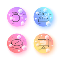 Medical tablet, Night mattress and Coffeepot minimal line icons. 3d spheres or balls buttons. Web shop icons. For web, application, printing. Medicine pill, Sleeping pad, Brewed coffee. Vector