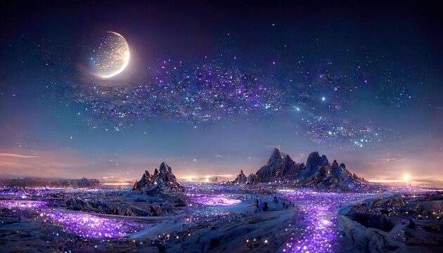 Fantasy landscape with sandy glaciers and purple crystal. Concept art. fantasy