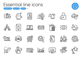 Biometric eye, Engineering documentation and Online test line icons. Collection of Travel sea, Airplane wifi, Infochart icons. Ice cream, Table lamp, Attention bell web elements. Vector