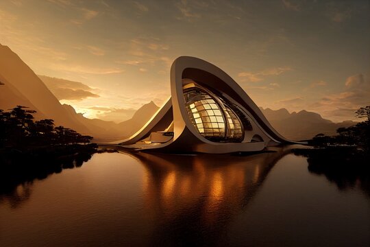 science fiction architecture, futuristic building, sunset over the river, modern organic architecture concept, exotic fantasy landscape, fictional architecture created with generative ai
