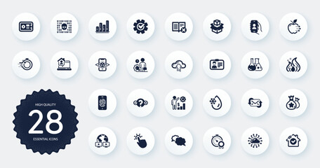 Set of Technology icons, such as Messenger, Cloud upload and Cogwheel flat icons. Employees wealth, Quiz test, Cloud network web elements. Safe box, Refresh mail, Binary code signs. Vector