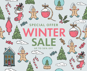 Christmas sale, pattern. Hand drawn illustration.