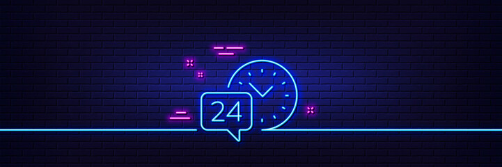 Neon light glow effect. 24 hour time service line icon. Call support sign. Feedback chat symbol. 3d line neon glow icon. Brick wall banner. 24h service outline. Vector