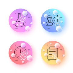 Puzzle time, Chemistry lab and Opinion minimal line icons. 3d spheres or balls buttons. Financial documents icons. For web, application, printing. Jigsaw game, Laboratory flask, Choose answer. Vector