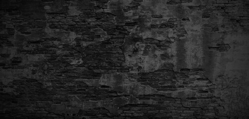 Dark black brick walls, brick room, interior texture, wall background.