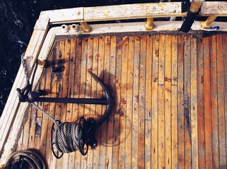 anchor on the deck of a ship during sailing top view