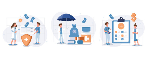 Fototapeta na wymiar Health insurance illustration set. Doctor offering medical insurance policy contract. Patient holding insurance ID card. Medicine and healthcare concept. Vector illustration. 