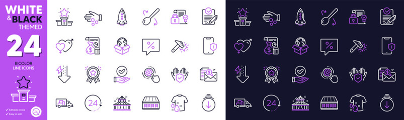 Cooking spoon, Energy drops and Scroll down line icons for website, printing. Collection of Loyalty award, Truck transport, Male female icons. Hammer blow, Mattress, Circus web elements. Vector