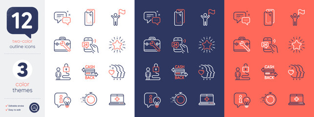 Set of Smartphone glass, Cashback card and Lamp line icons. Include Employees messenger, Star, Leadership icons. Fast recovery, Tool case, Medical help web elements. Friends couple. Vector