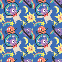 Naklejka na ściany i meble cute character space aliens stars and planets seamless pattern design vector