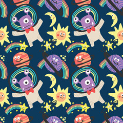 cute character space aliens stars and planets seamless pattern design vector