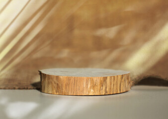 Wooden eco rustic pine tree wood circle disc platform podium on canvas background. Minimal empty display product presentation scene.