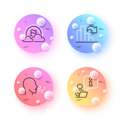 Decreasing graph, Lgbt and Breathing exercise minimal line icons. 3d spheres or balls buttons. Interview icons. For web, application, printing. Column chart, Rainbow flag, Breath. Vector