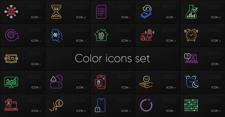 Set of Chemistry lab, Tickets and Logistics network line icons. Include Cashback, Air conditioning, Work home icons. Statistics, Time, Image carousel web elements. Synchronize. Vector