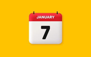 Calendar date 3d icon. 7th day of the month icon. Event schedule date. Meeting appointment time. Agenda plan, January month schedule 3d calendar and Time planner. 7th day day reminder. Vector