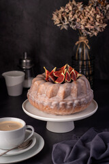 Food photography of cupcake, cake with figs, icing, pastry, dessert, cappuccino