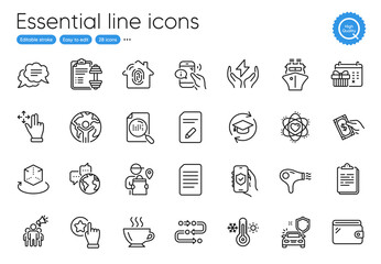 Global business, Augmented reality and Security app line icons. Collection of Wallet, Fingerprint access, Delivery man icons. Hair dryer, Rate button, Text message web elements. Document. Vector