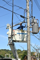 Scene of electric wire construction work. Background image of a work site.