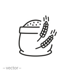 flour bag icon, sack and wheat ears, thin line symbol on white background - editable stroke vector illustration eps10