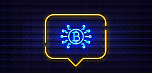 Neon light speech bubble. Bitcoin system line icon. Cryptocurrency scheme sign. Crypto money symbol. Neon light background. Bitcoin system glow line. Brick wall banner. Vector