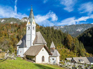 Fototapeta na wymiar Church of St. Mary of the Snows in the Kamnik Alps at Solcava, Slovenia.