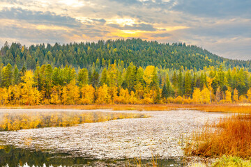 peaceful autumn scene of Blanchard Lake in northwest Montana with colorful fall foliage and sunset...