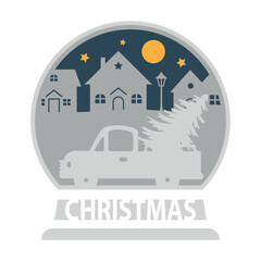 Christmas holiday postcard design. Illustration with  car and Christmas tree. Paper cut layered card.