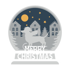 Christmas holiday postcard design. Illustration with winter scenery, dachshund, houses and trees. Paper cut layered card.winter scenery, christmas card, animal, paper, decoration, cut, landscape, craf