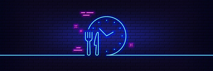 Neon light glow effect. Food time line icon. Meal order clock sign. Restaurant opening hours symbol. 3d line neon glow icon. Brick wall banner. Food time outline. Vector