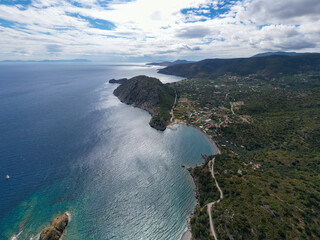 Datca bay from top, aerial view with cloudy sky