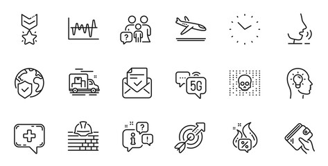 Outline set of Winner medal, Idea head and Stock analysis line icons for web application. Talk, information, delivery truck outline icon. Include 5g internet, Target, Medical chat icons. Vector