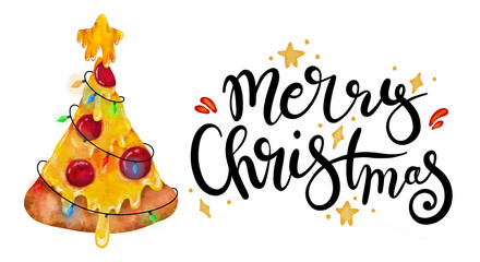 Naklejka premium pizza christmas tree merry christmas watercolor