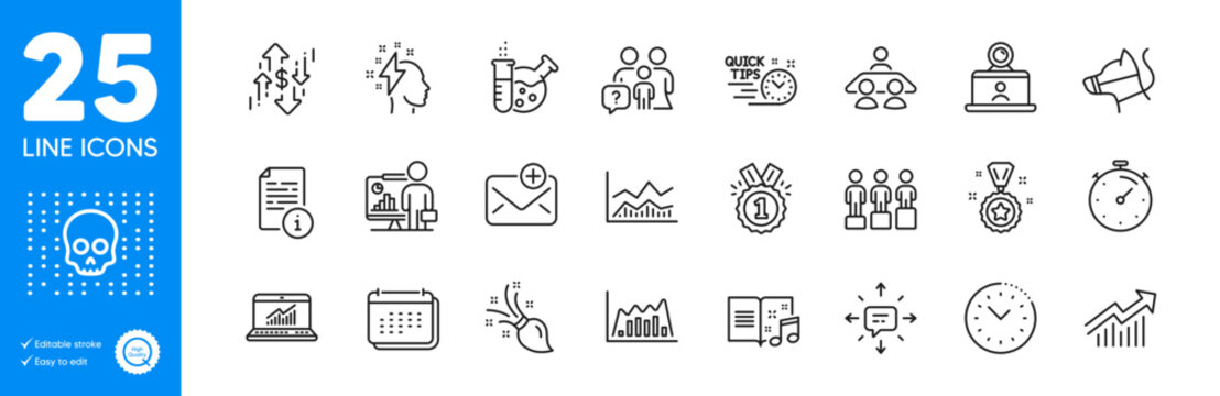 Outline icons set. Winner reward, Dollar rate and New mail icons. Demand curve, Manual, Quick tips web elements. Teacher, Approved, Brush signs. Infographic graph, Cyber attack, Interview job. Vector