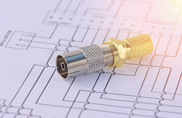 Connectors for connecting a coaxial cable in the electrical diagram close-up.Soft focus.Sunflare, 