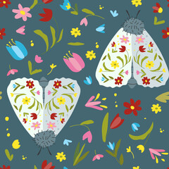 Seamless endless with butterflies and flowers pattern with dark background vector illustration