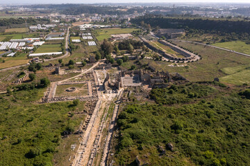 Aerial view of Perge ancient city ruins top view