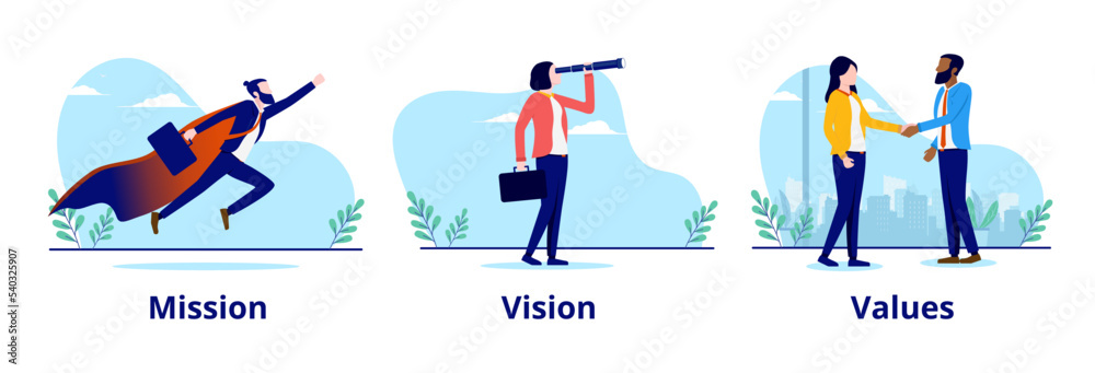 Aufkleber business mission vision and values - collection of vector illustrations with businesspeople showing 